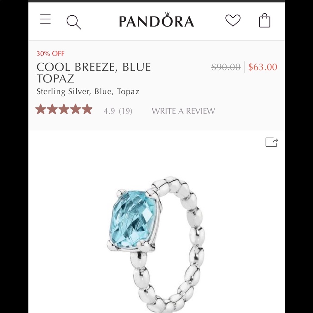 Pandora cool breeze blue topaz ring. Size 7.